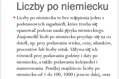 Nauka liczb po niemiecku to podstawa. Przydają się na co dzień: wiek, ceny, godziny, daty. Poniżej liczby od 1 do 100 i dalej.