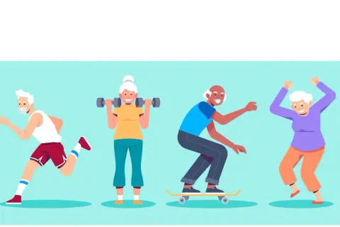 Quatre seniors actifs : un joggeur, une femme soulevant des haltères, un homme en skateboard et une femme dansant. L'exercice stimule la mémoire cognitive.