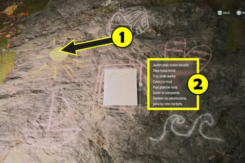 Na skale w grze Alan Wake 2 widzimy rysunki kredą i tekst rymowanki. Strzałka wskazuje na słońce, a obok znajduje się numer 2.