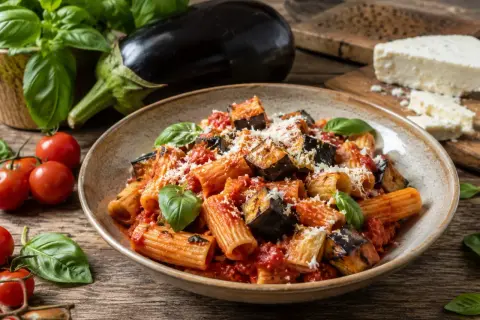 Un plat de pâtes aux aubergines à la sicilienne, garni de basilic frais et de parmesan râpé, avec des tomates et une aubergine entière en arrière-plan.