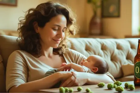 Szukasz pomysłów, co pić na laktację? Ta młoda mama karmi piersią swoje dziecko, a obok stoi butelka piwa 0%.