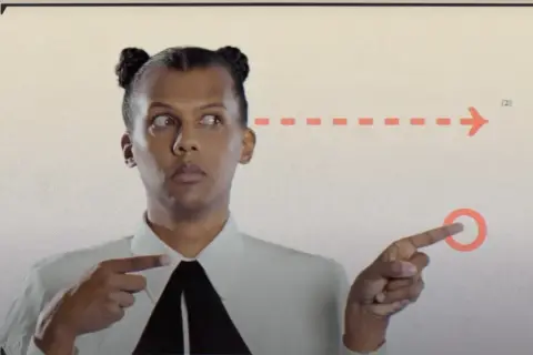 Stromae w Polsce, z charakterystycznymi kucykami, wskazuje na strzałkę.
