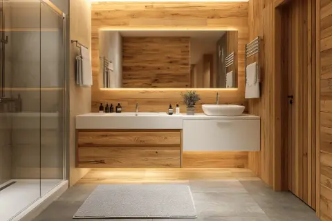 Une salle de bain blanc et bois chaleureuse, avec une douche moderne, un lavabo épuré et des accents en bois naturel.
