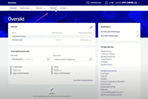 Nordea-översikt med konton, betalstatus och tjänster. Här kan du söka PlusGirokontonummer, som är en del av nordeas clearingnummer.