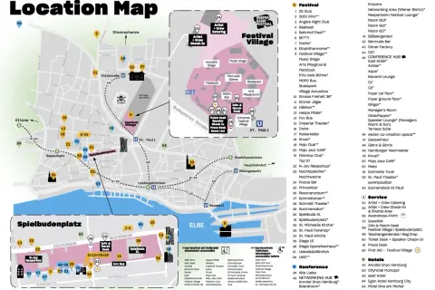 Karte des Reeperbahn Festivals mit Spielbudenplatz, Festival Village und vielen Locations.