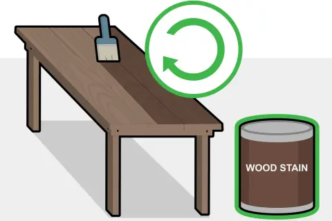 Paso a paso para como hacer una mesa de madera: pincel sobre mesa, lata de tinte y símbolo de reciclaje.