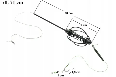 Akcesoria do łowienia na grunt: koszyczek zanętowy, żyłka, haczyk. Długość 71 cm.