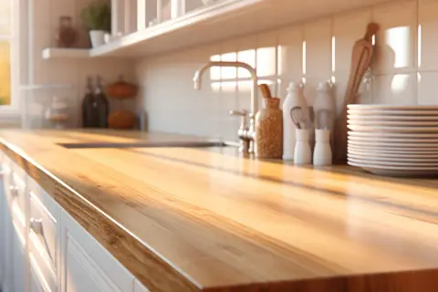 Encimera de madera con un acabado brillante, lista para el tratamiento. Luz solar cálida ilumina la cocina.