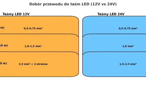 Wykres porównuje dobór kabla RGB do taśm LED 12V i 24V, zależnie od długości i przekroju przewodu.