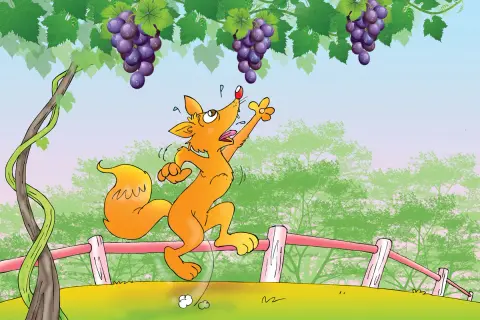 La zorra intenta alcanzar las uvas, pero están demasiado altas.