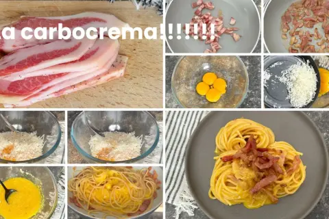 Passaggi per come fare una buona carbonara: guanciale, uova, pecorino e spaghetti.
