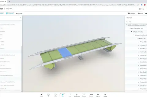 Program do projektowania prezentuje model mostu z widocznymi elementami, takimi jak płyty pomostu i podpory.