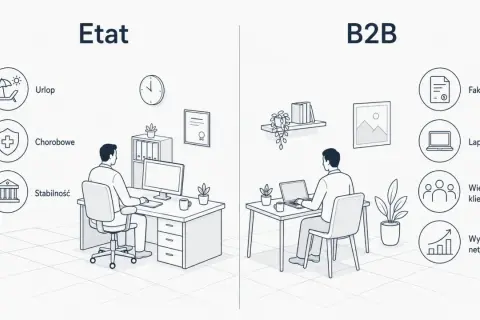 Porównanie etatu i B2B: stabilność, urlop, chorobowe kontra faktura, laptop, wielu klientów i wyższe netto. Umowa B2B oferuje większą elastyczność.