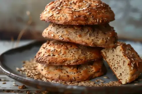 En stapel hembakade scones med russin, toppade med solrosfrön och linfrön. En bit är avskuren för att visa det saftiga inkråmet.