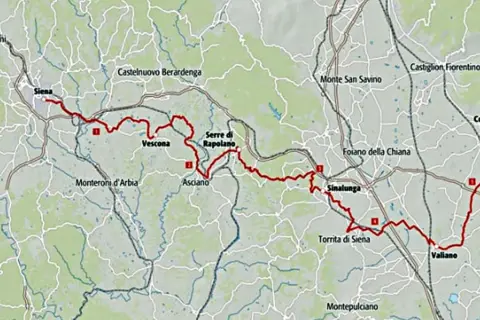 Mappa del percorso cicloturistico via Lauretana Toscana, da Siena a Cortona, con tappe segnate.