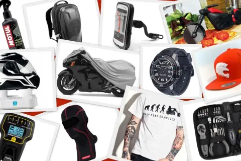 Kask, plecak, pokrowiec na motocykl, ładowarka, rękawica, zegarek, czapka i zestaw narzędzi – to wszystko akcesoria dla motocyklisty.