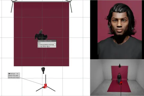 A 3D render shows a studio setup with a person walking towards a red backdrop. Broad lighting illuminates the scene, with camera settings displayed.