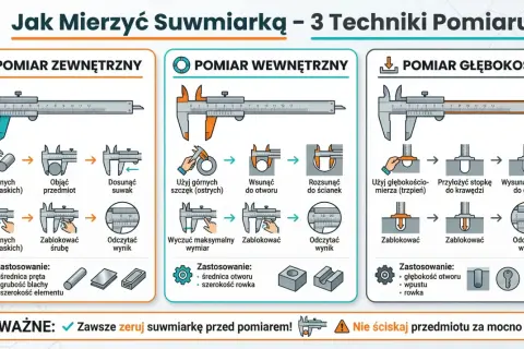 Ilustracja pokazuje, jak mierzyć suwmiarką: pomiar zewnętrzny, wewnętrzny i głębokości. Pokazuje kroki i zastosowania.