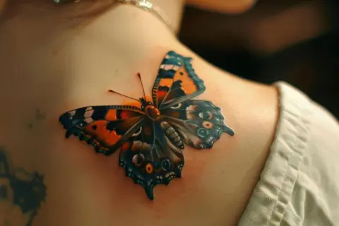 Kolorowy tatuaż motyl na ramieniu, jakby żywy, z pomarańczowymi i niebieskimi skrzydłami.