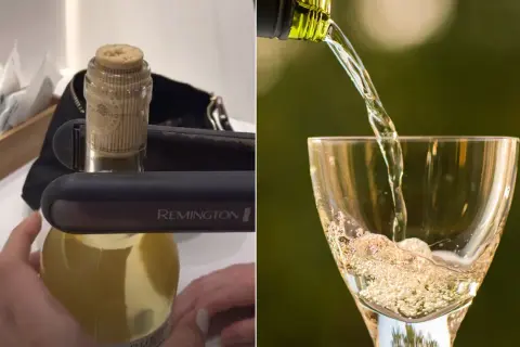 Otwieranie wina prostownicą Remington, a potem nalewanie go do kieliszka.