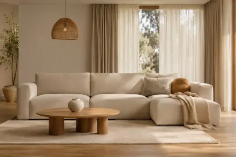 Przytulny salon beige z wygodną sofą, drewnianym stolikiem i plecioną lampą. Idealne miejsce na relaks.