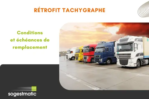 Rétrofit tachygraphe camion : conditions et échéances de remplacement. Flotte de camions colorés garés sur un parking.
