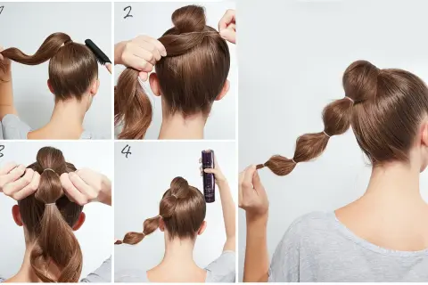 Tutorial de peinado burbuja: pasos para crear una cola de caballo con secciones abultadas.