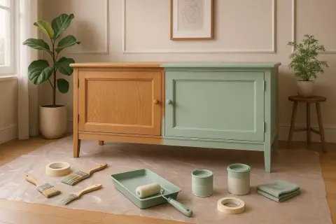 Buffet en bois, moitié peint en vert pastel, entouré d'outils de peinture. Une touche de deco avec bois.
