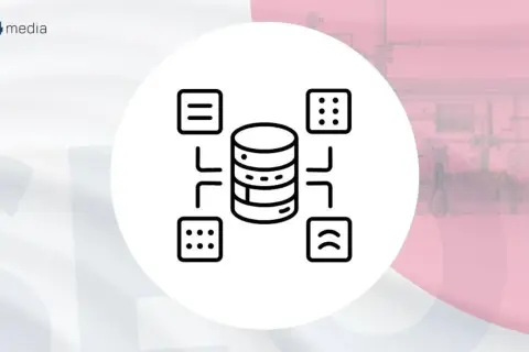 Ikona przedstawia bazę danych połączoną z ikonami symbolizującymi dane, np. w kontekście przetwarzania danych w języku JavaScript.