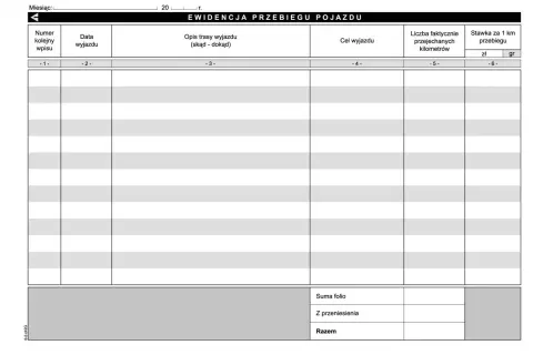 Formularz ewidencja przebiegu pojazdu dla celów vat. Zawiera kolumny: numer wpisu, data, opis trasy, cel, kilometry, stawka.