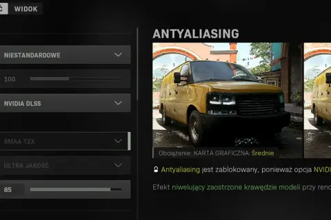 Ustawienia grafiki w Call of Duty: Warzone. Antyaliasing zablokowany z powodu NVIDIA DLSS. Sprawdź wymagania gry.