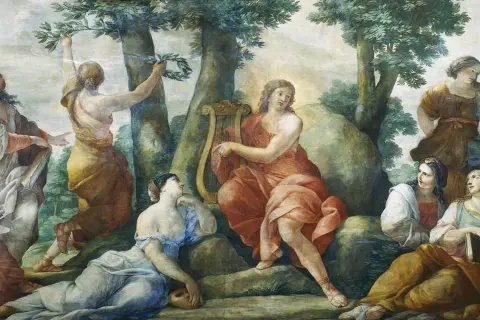 Clio, fille de Zeus, muse de l'histoire, joue de la lyre entourée de compagnes dans un paysage verdoyant.