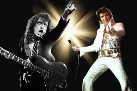 Rock and roll legends: Bon Scott z AC/DC gra na gitarze, a Elvis Presley w białym stroju śpiewa do mikrofonu. Idealny cover dla fanów muzyki.