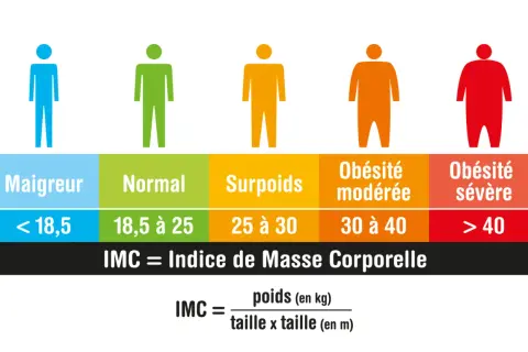 Tableau IMC : pour 1m58, le poids idéal se situe entre 45 et 61 kg pour une corpulence normale.