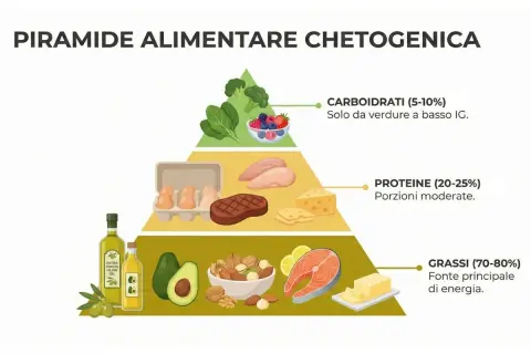 Piramide alimentare chetogenica: grassi (70-80%), proteine (20-25%), carboidrati (5-10%). Valuta i pro e contro di questa dieta.