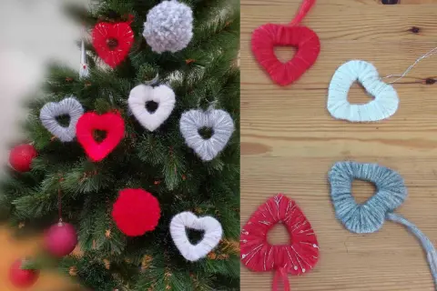 Décorations de Noël en forme de cœur faites de laine, parfaites pour un bricolage de Noël avec de la laine pour adultes.