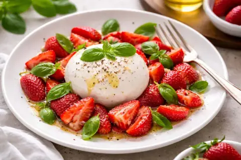 Cremige Burrata mit frischen Erdbeeren und Basilikum, beträufelt mit Olivenöl. Ein leichter Genuss!