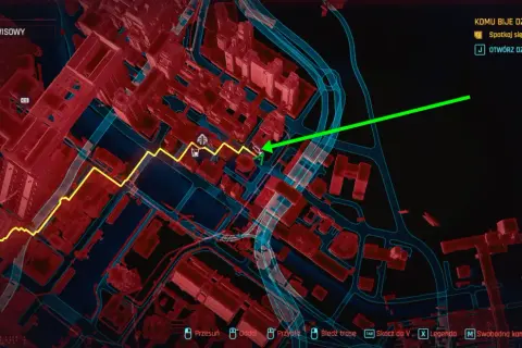Mapa w grze cyberpunk, gdzie jest Johnny? Zielona strzałka wskazuje drogę do celu misji "Komu bije dzwon".