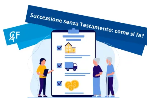 Una persona illustra a una coppia anziana una lista di beni (casa, furgone, denaro) per chi avvisa gli eredi senza testamento.