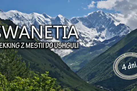 Majestatyczne góry Svanetii w Gruzji, pokryte śniegiem szczyty i zielone doliny. Trekking z Mestii do Ushguli trwa 4 dni.