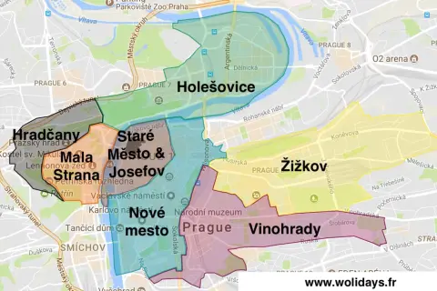 Carte des quartiers de Prague : Hradčany, Malá Strana, Staré Město, Josefov, Nové Město, Vinohrady, Žižkov, Holešovice.