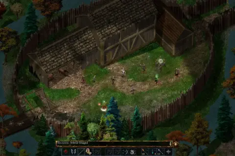 Widok z gry komputerowej z postaciami i budynkami w stylu fantasy.