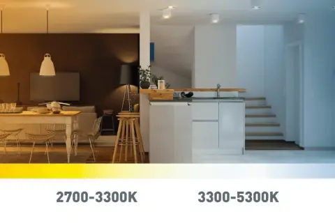 The image shows a split view of a home interior, illustrating different Kelvin (K) lighting temperatures. What does K mean in lighting? It's a measure of color temperature, from warm yellow (<2700K) to cool blue (>5300K).