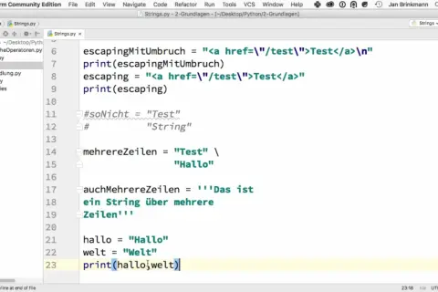 Code Python montrant la **concatenation** de chaînes de caractères pour afficher "HalloWelt".