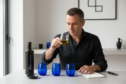 Uomo degusta un prezioso olio verde, valutandone la qualità. Sul tavolo, una bottiglia scura e bicchieri blu cobalto.