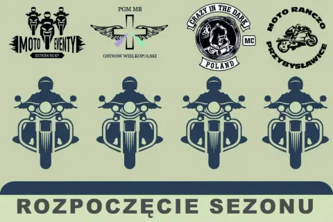 Grafiki motocyklowe i napisy "Rozpoczęcie sezonu". Czas na jazdę!