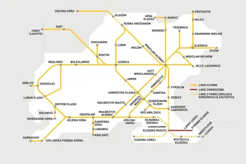 Mapa kolejowa Dolnego Śląska. Nowy rozkład PKP Głogów uwzględnia linie czynne i zawieszone.