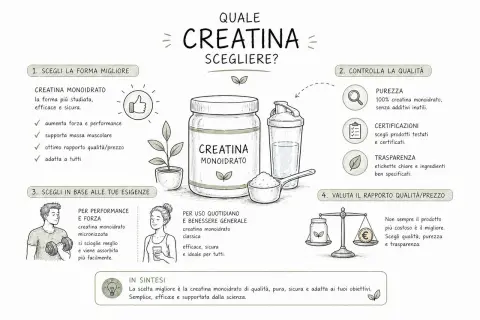 Guida su quale creatina scegliere: la creatina monoidrato è la forma più studiata, pura e sicura.