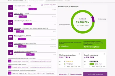 Symulator porównuje różnice między wtryskiem pośrednim a bezpośrednim w LPG, pokazując oszczędności.