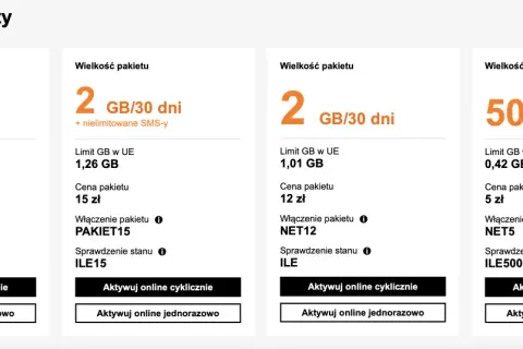 Pakiety danych Orange: 5 GB za 25 zł, 2 GB za 15 zł, 2 GB za 12 zł, 500 MB za 5 zł. Wybierz swój esim.